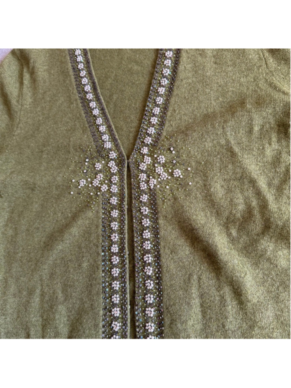 J.Crew wool angora cashmere green beaded cardigan sweater women’s medium - Picture 3 of 9